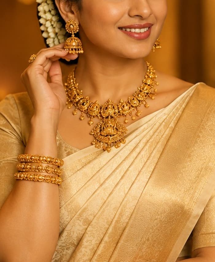 Indian woman wearing traditional gold jewellery