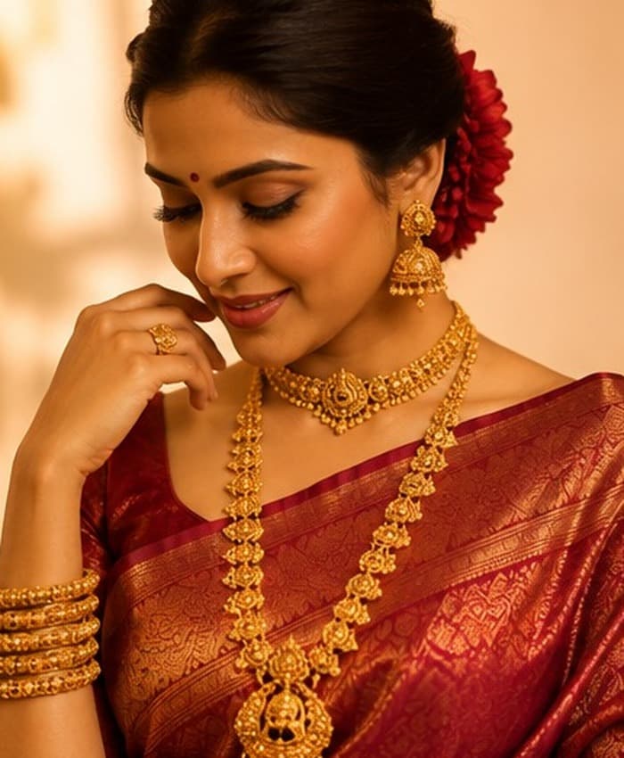 Elegant Indian woman wearing traditional gold jewellery
